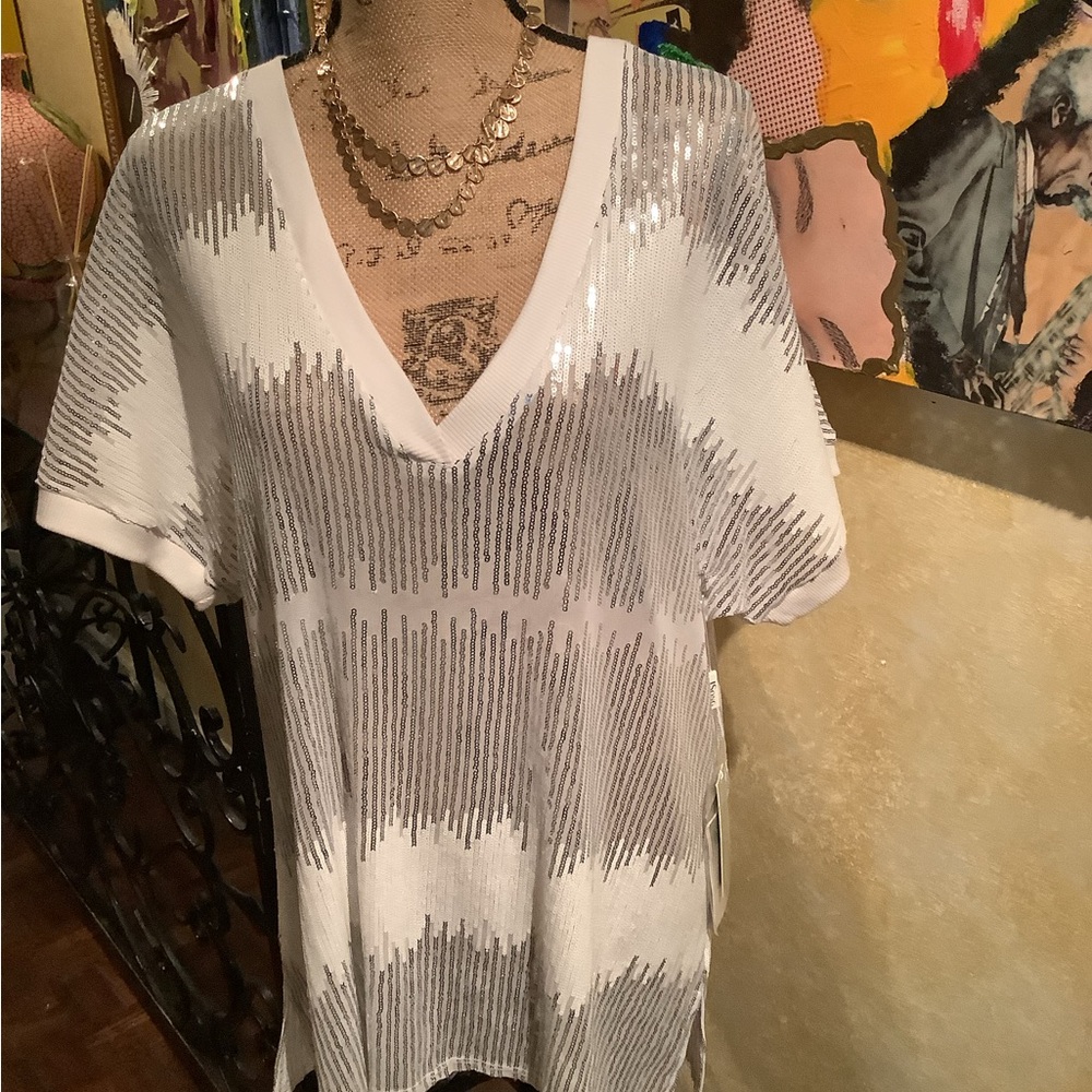 JSong silver and white v- neck sequin top.